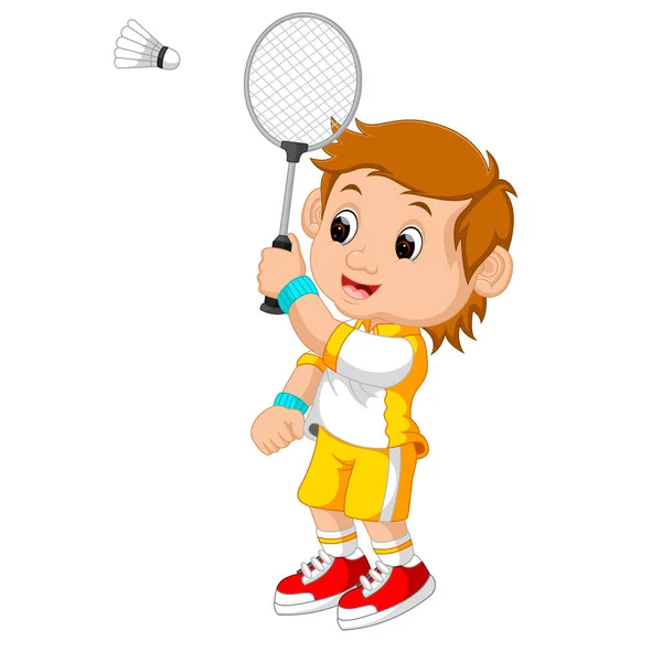 Menino dos desenhos animados jogando badminton — Vetor de Stock