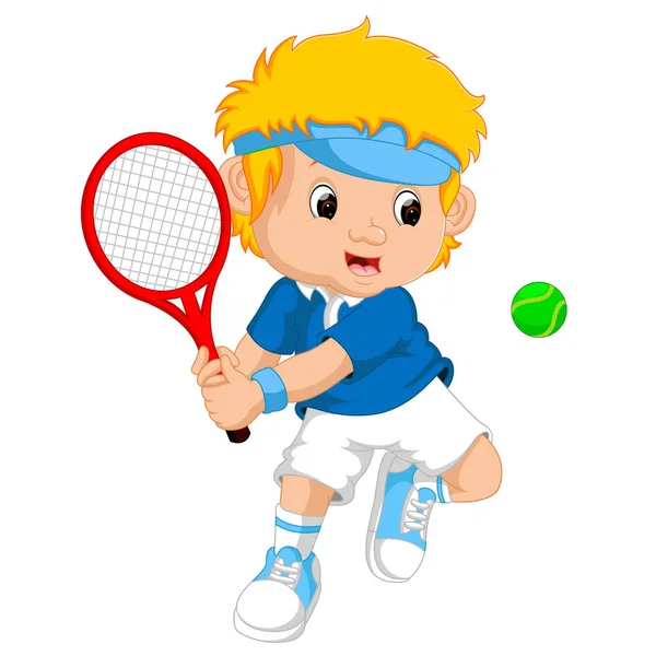 라켓과 테니스를 재생 하는 어린 소년 — 스톡 벡터