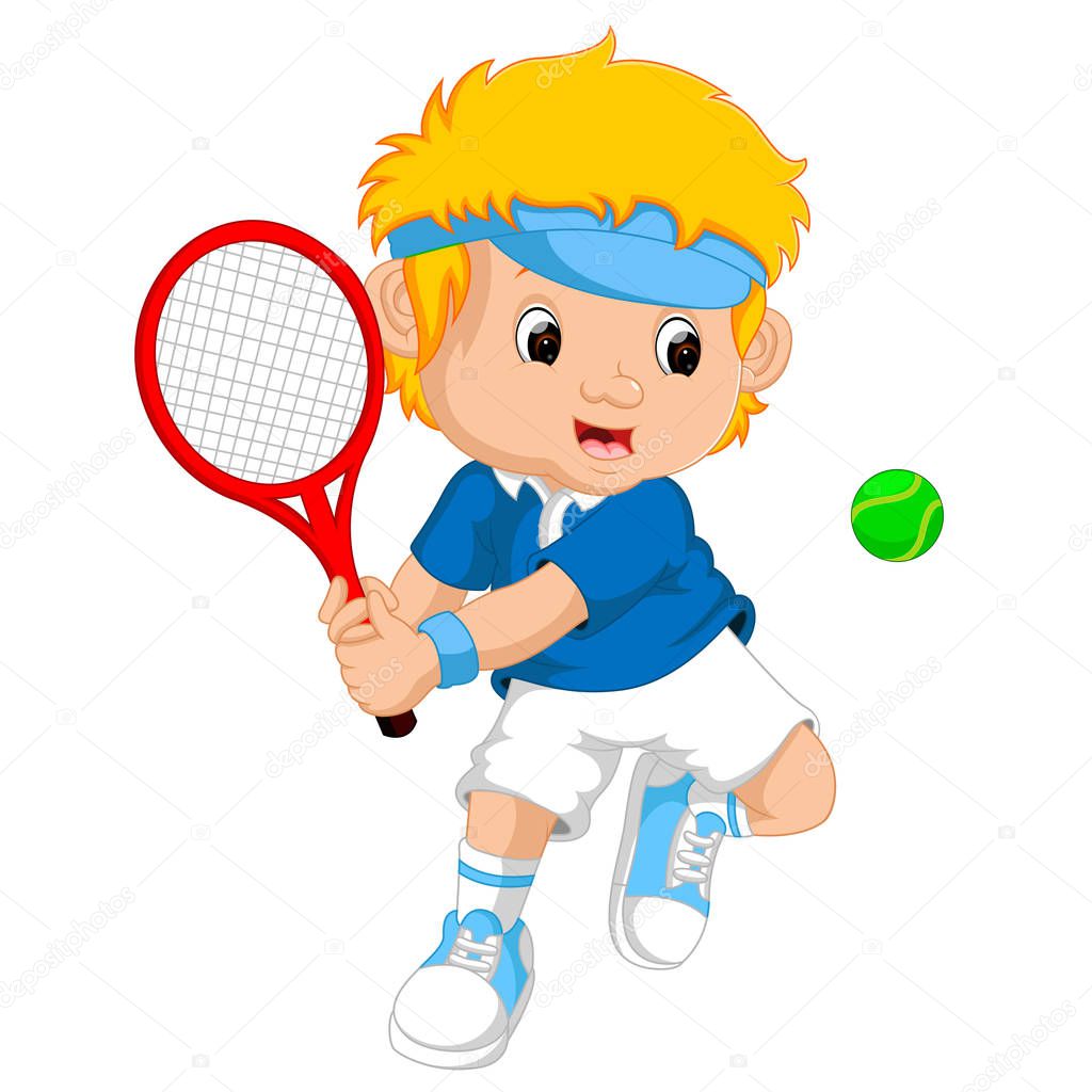 Young boy playing tennis with a racket