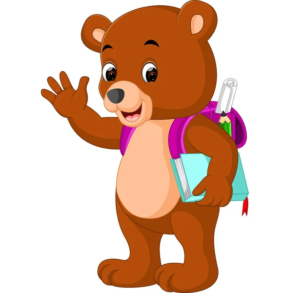 Lindo oso ir a la escuela de dibujos animados — Vector de stock