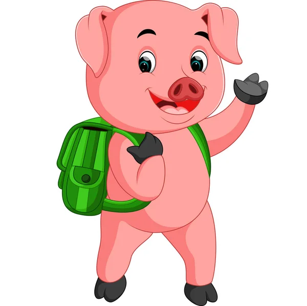 Mignonne école porc marche avec un sac à dos — Image vectorielle