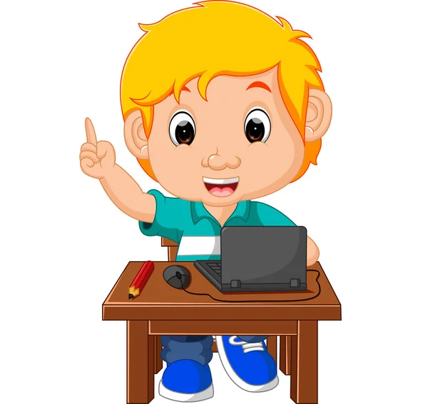 Niño niño usando la computadora de dibujos animados — Vector de stock