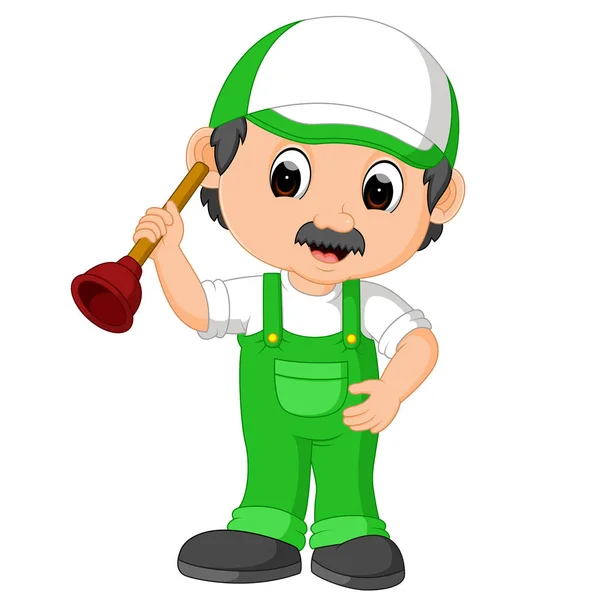 Un idraulico tuttofare personaggio dei cartoni animati in possesso di uno stantuffo — Vettoriale Stock