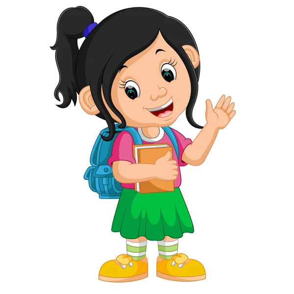 可爱的小女孩去学校卡通 — 图库矢量图片