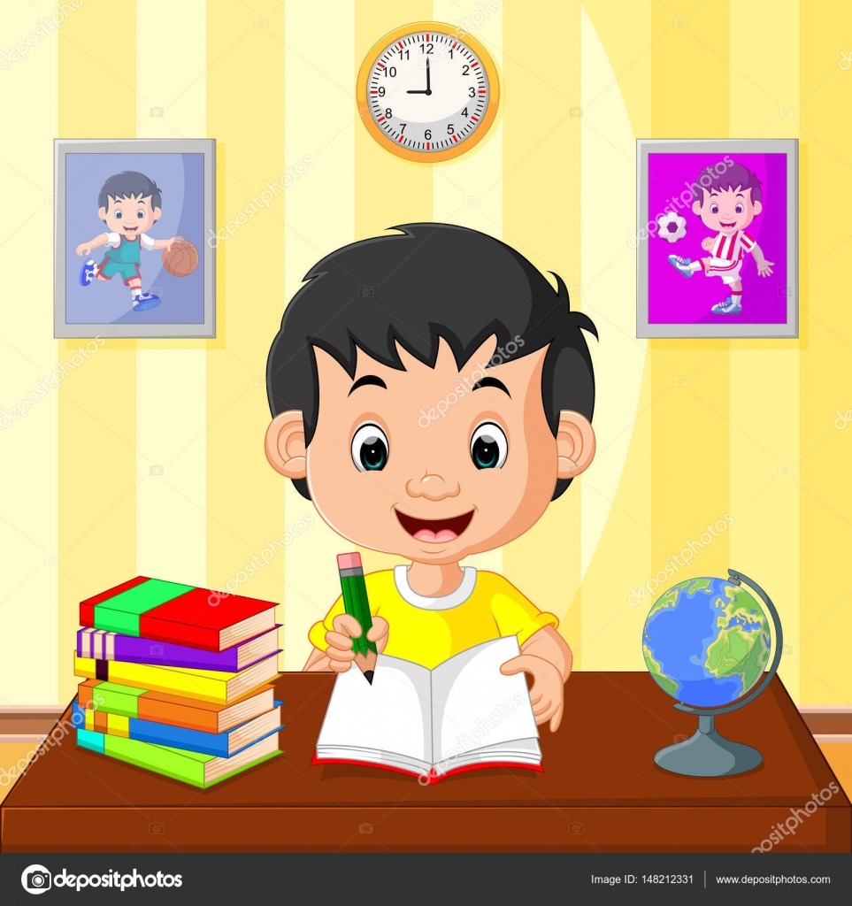 Criança feliz estudando — Vetor de Stock ...