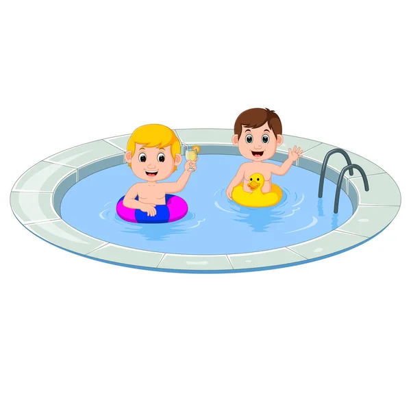 Lindos niños pequeños nadando con círculo inflable — Vector de stock
