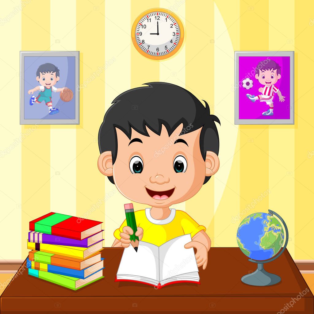 Feliz niño estudiando — Vector de stock © hermandesign2015@gmail.com
