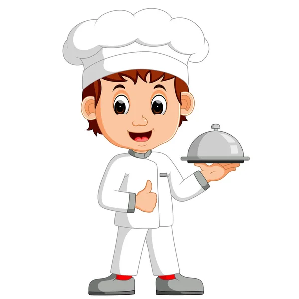 Cartoon funny chef holding a silver platter — Stock Vector