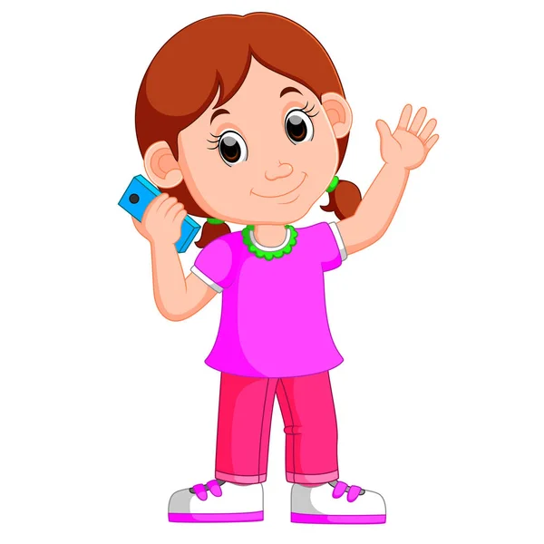 Chica de dibujos animados usando un teléfono inteligente — Vector de stock