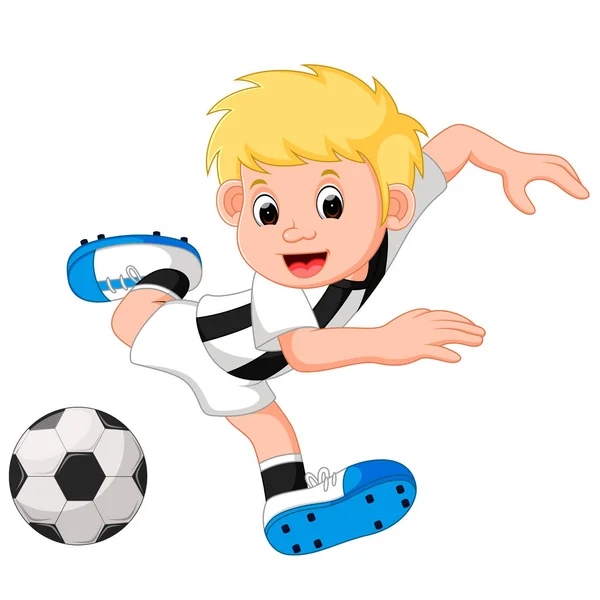 Niño dibujos animados jugando fútbol — Vector de stock