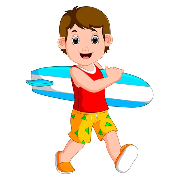 Cartoon weinig kind bedrijf surfplank — Stockvector