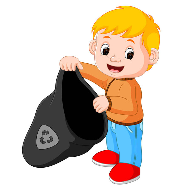 Boy Handling a Plastic Garbage Bag