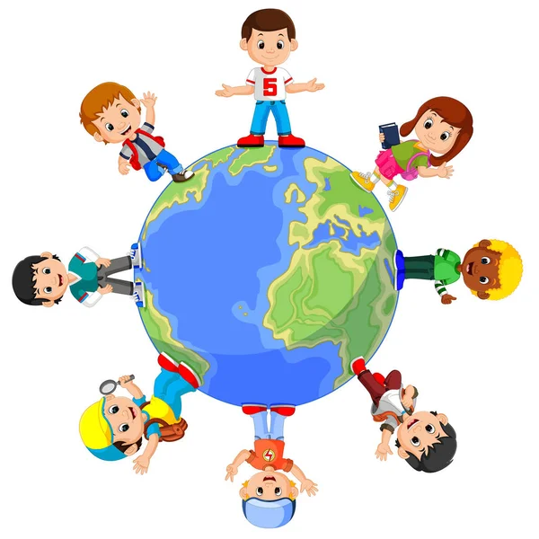 Children standing on globe — Stock Vector