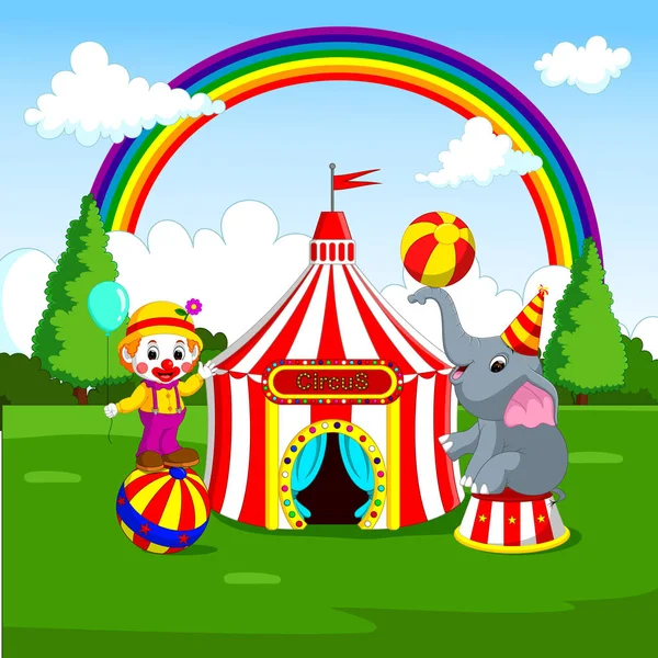 Circus olifant en clown met carnaval achtergrond — Stockvector