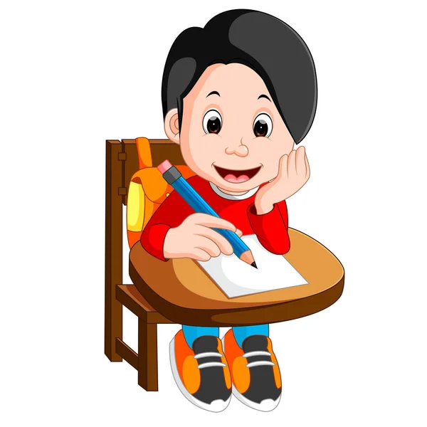 Feliz escolar escribiendo en clase — Vector de stock