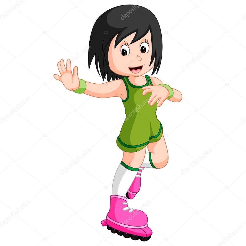 funny girl cartoon plying roller skates