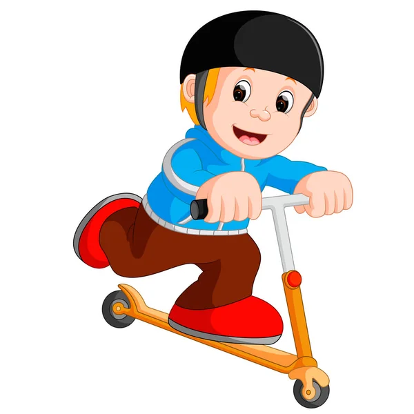 Seorang anak laki-laki bermain mendorong sepeda - Stok Vektor