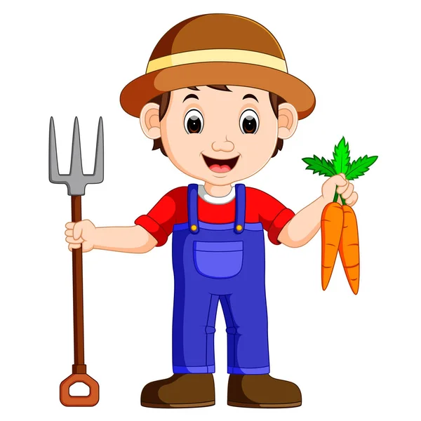 Cartoon young farmer holding rake — Stock Vector