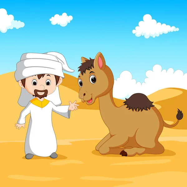 Niño árabe y un camello en el desierto — Vector de stock