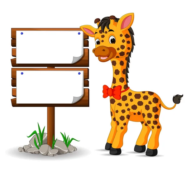 Linda jirafa con signo en blanco — Vector de stock