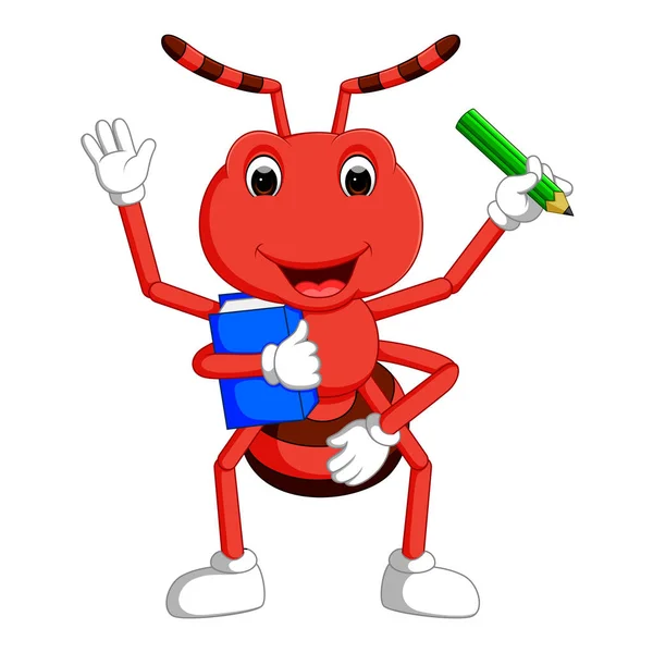 Cute ant carrying boo and pencil — Stock Vector