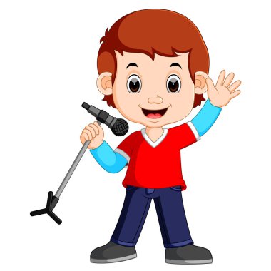 Mutlu bir şekilde mikrofon tutarken çizgi film şarkı