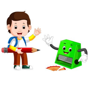 kalemtıraş ve büyük kalem tutan çocuk