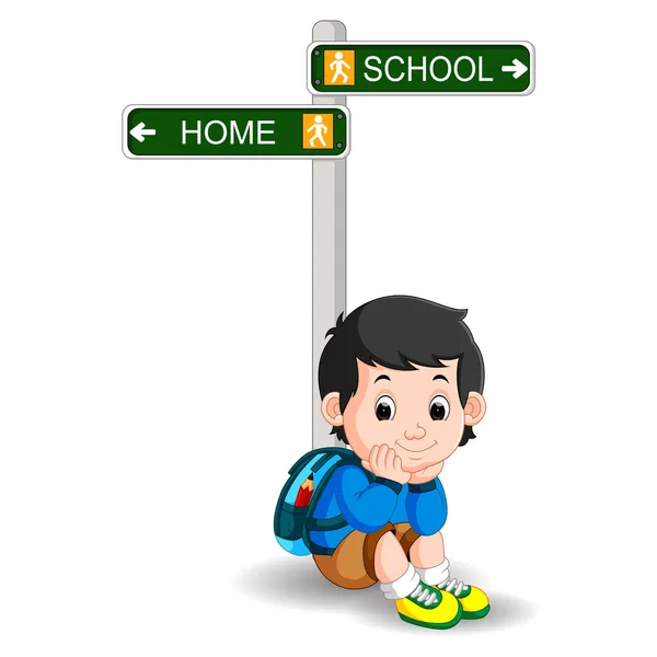 Αγόρι με πινακίδα δρόμου κινουμένων σχεδίων — Διανυσματικό Αρχείο