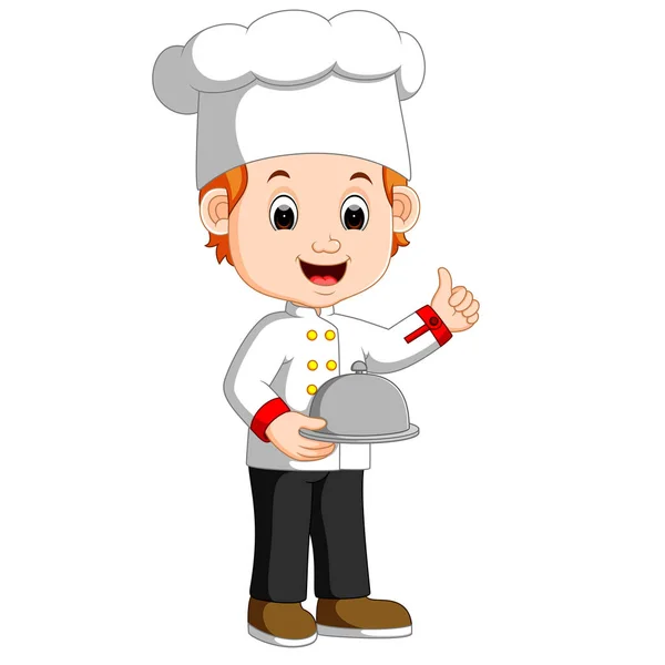 Szakács fiú gazdaság tál étel — Stock Vector
