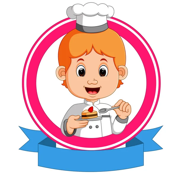 Panadero sosteniendo una bandeja con un cupcake — Vector de stock