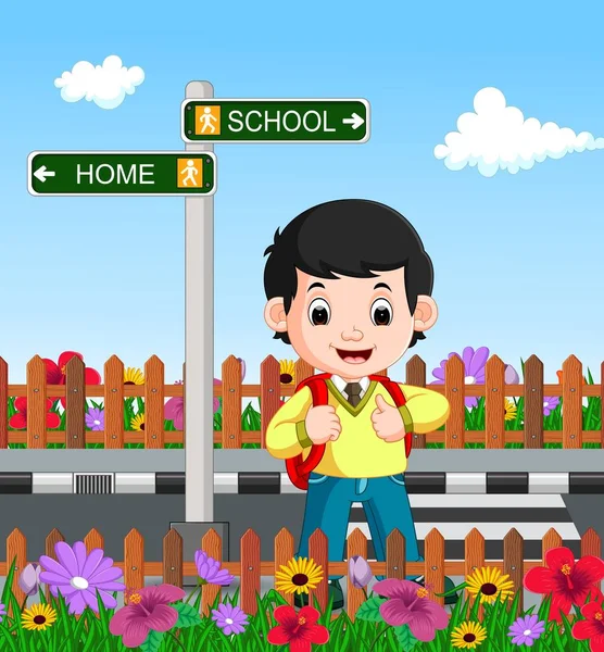 Lindo chico en su camino a la escuela — Vector de stock