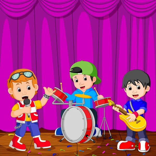 Niños en banda tocando en el escenario — Vector de stock