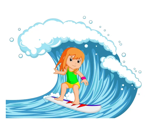 Jeune femme surf avec grande vague — Image vectorielle