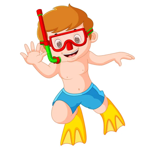 Carino ragazzo con snorkeling e immersioni — Vettoriale Stock
