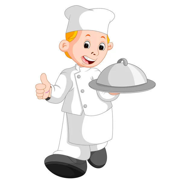Happy šéfkuchař drží talíř kovový potravin — Stockový vektor