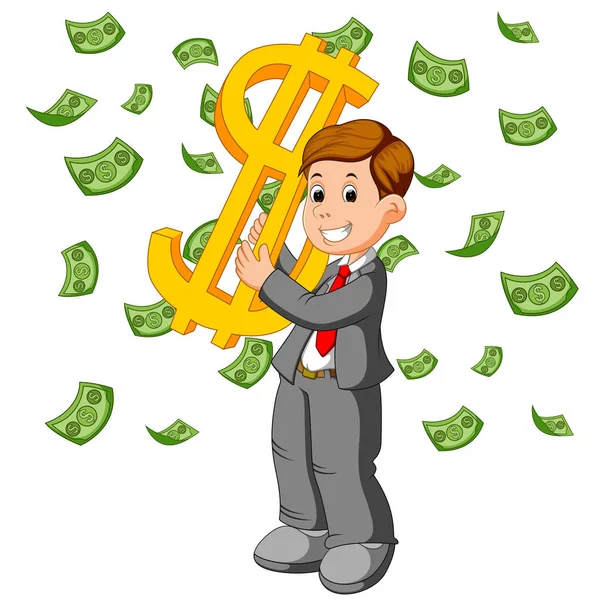 Businessman happy under falling raining money shower — Stockvector