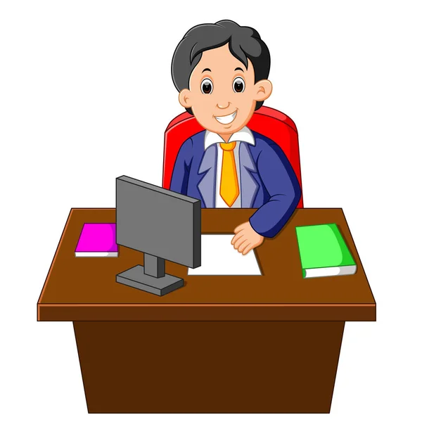 Dibujos animados de hombre de negocios en su escritorio — Vector de stock