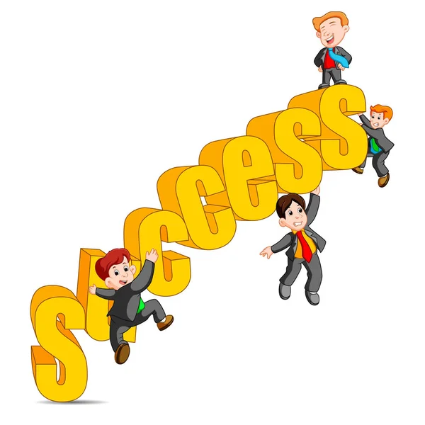 Success in business concept happy man standing on top of the word success — Stock Vector