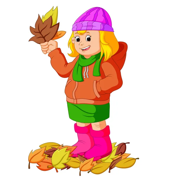 Young girl with autumn leaf — Stock Vector