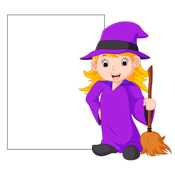 Cartoon witch holding broomstick — Stock Vector