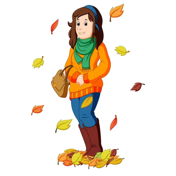 Chica con hojas de otoño — Vector de stock