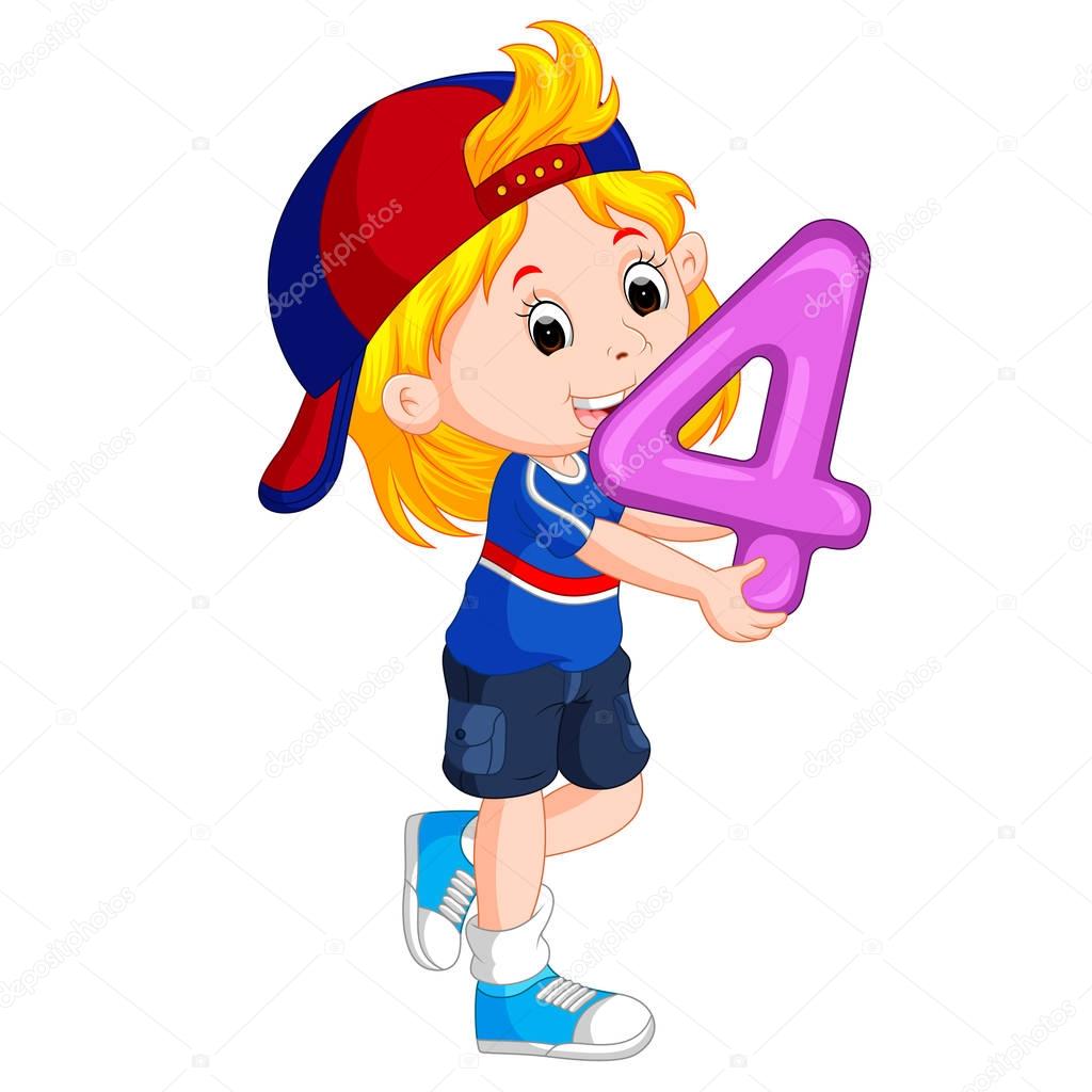cute child holding balloon with number four