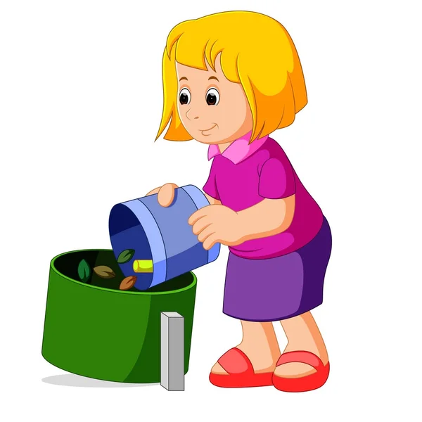 쓰레기 컨테이너 근처 쓰레기 봉지와 귀여운 소녀 — 스톡 벡터
