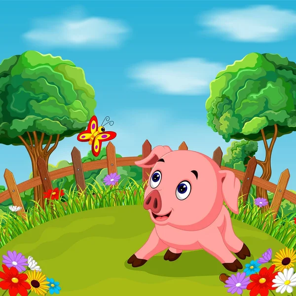 动画片愉快的猪微笑在农场 — 图库矢量图片