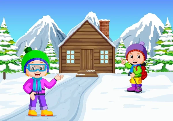 Invierno Los Niños Juegan Nieve Muy Alegremente — Vector de stock