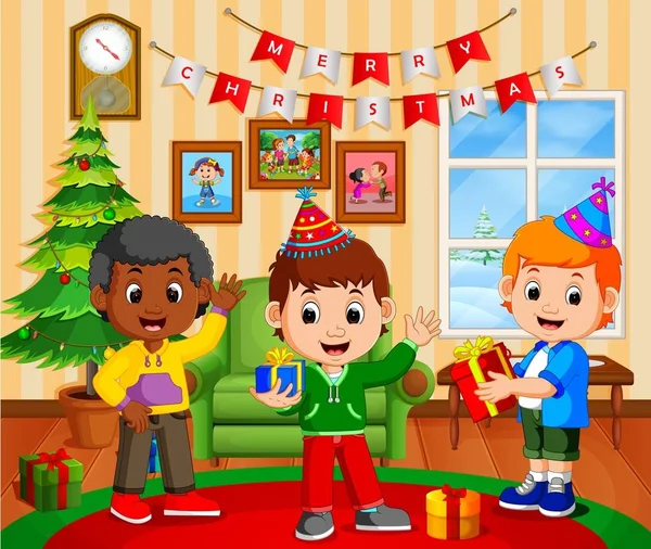 Niños Lindos Sala Estar Durante Navidad — Vector de stock