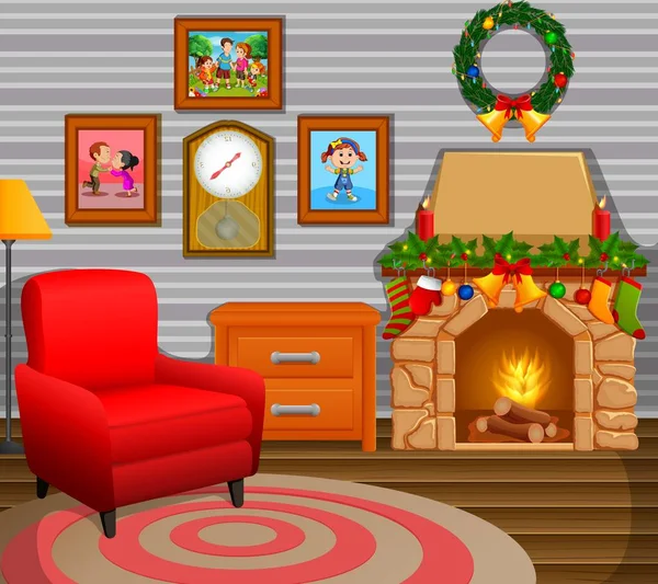 Salón Navidad Con Árbol Chimenea — Vector de stock