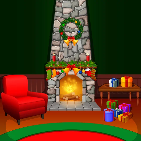 Weihnachten Wohnzimmer Mit Baum Und Kamin — Stockvektor