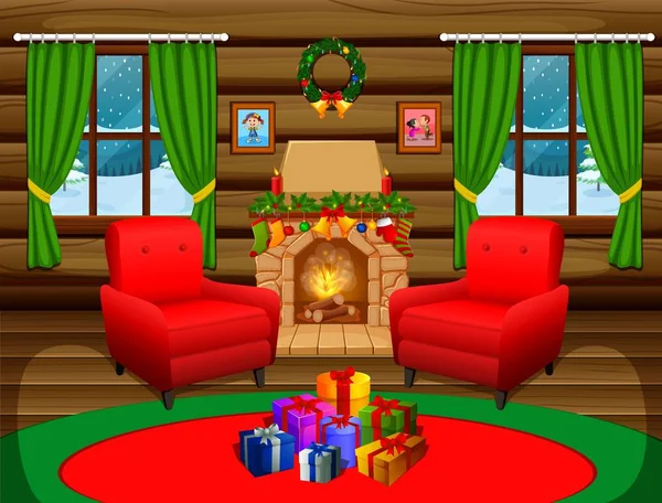 Sala Natal Com Uma Árvore Lareira —  Vetores de Stock