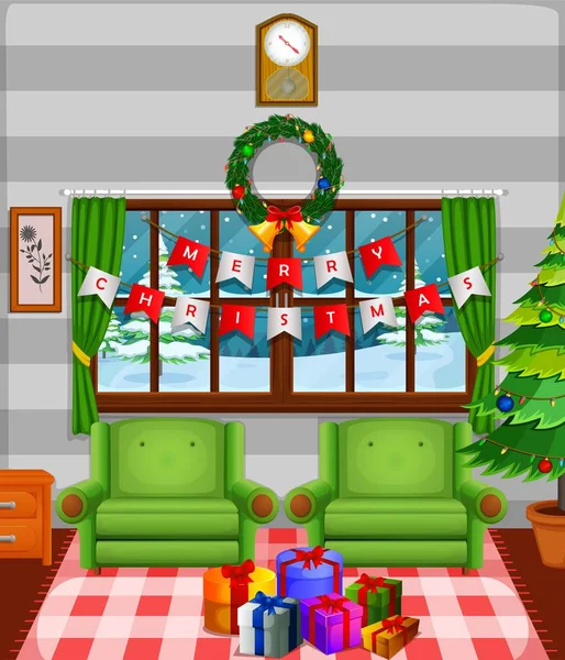 带树和壁炉的圣诞客厅 — 图库矢量图片